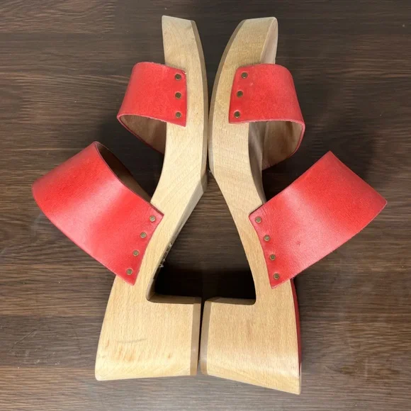 Madewell Lipstick Red Double Strap Leather Wood Clara Clog Heeled Sandal - Picture 6 of 14